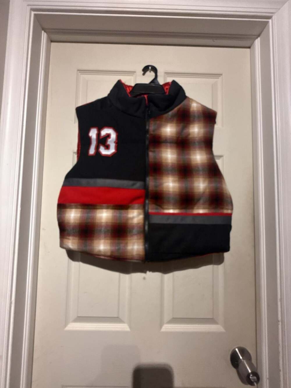 Custom Jason Voorhees Hockey Mask 13 Plaid Black Red Puffer Vest size Medium